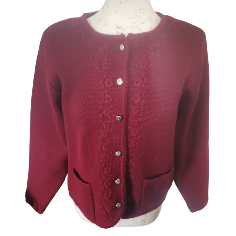 Vintage Tally Ho Women’s Maroon Button Front Floral Cardigan Sweater Size M